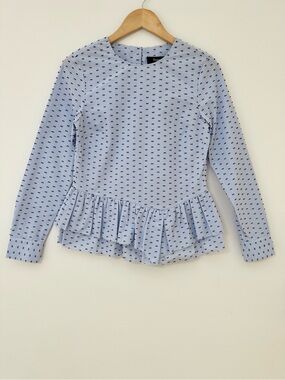 Thakoon Fil Coupé Blue and White Gingham Peplum Long Sleeve Top, Size 0